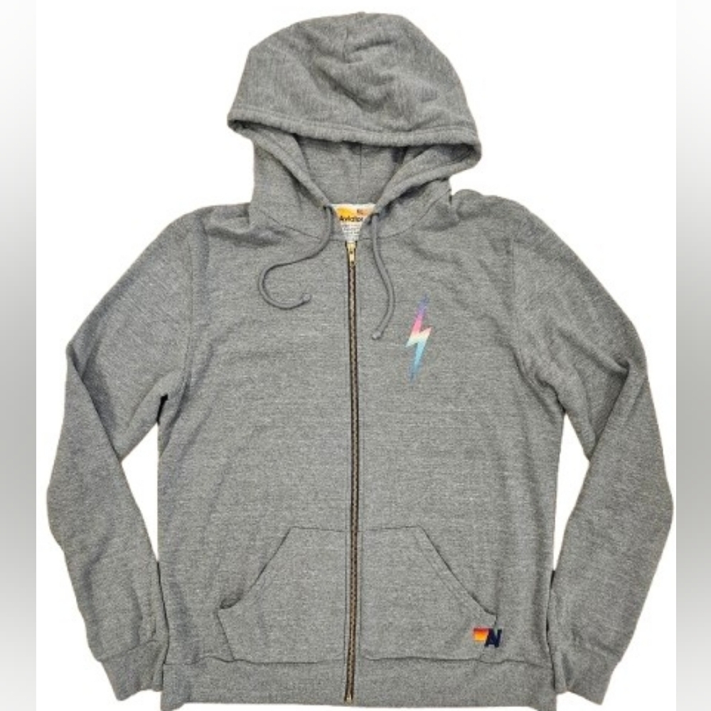Aviator Nation Bolt Zip Hoodie in Heather/Rainbow Pink XL - Picture 2 of 8
